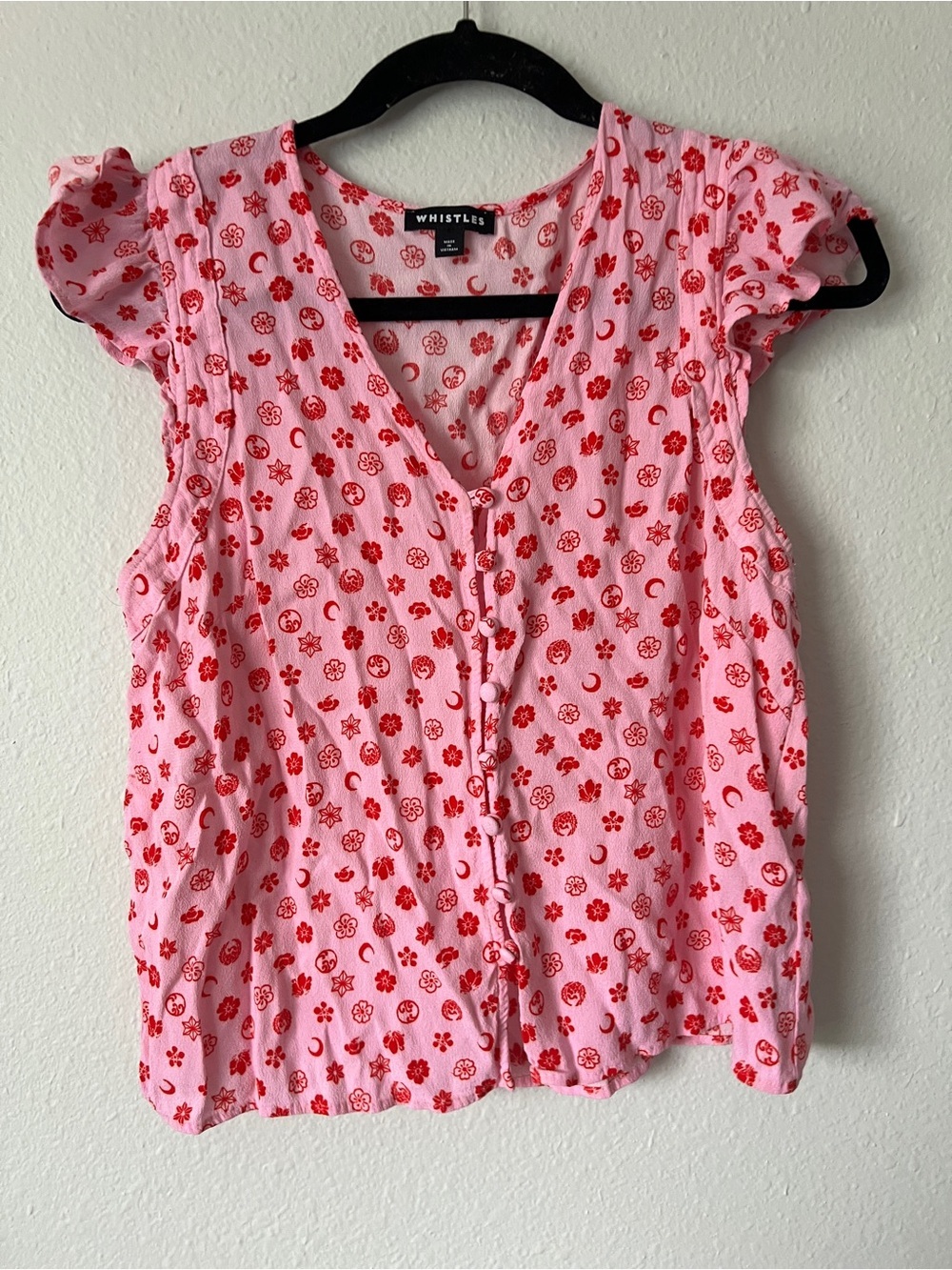Whistles Pink Moon Floral Frill Sleeve Top Size 8 - Picture 4 of 6